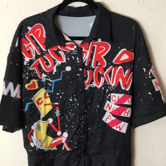 Casual Cartoon Printing Short Sleeves High Waist One-piece Jumpsuits XL - Picture 5 of 11